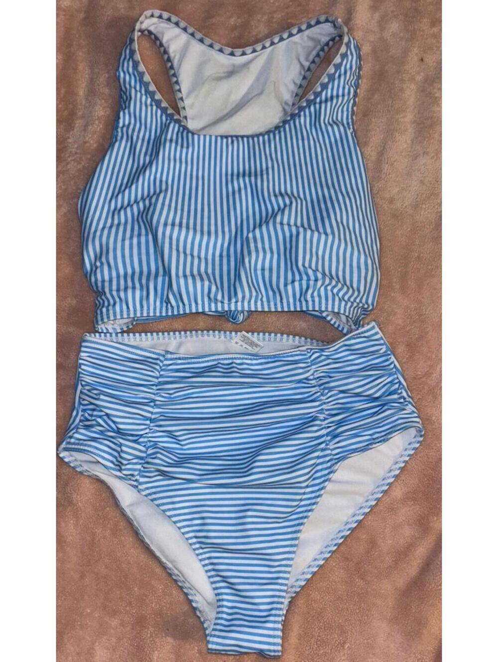 high waisted 2 piece swimsuit womens XS Blue Stripes Swimsuit